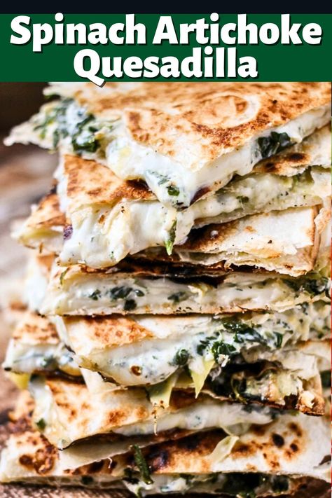 Spinach Artichoke Quesadillas are full of spinach, artichokes, and CHEESE! Your favorite dip grilled up for the perfect lunch or dinner! Artichoke Quesadilla, Mexican Quesadilla, Diy Easy Recipes, Quesadilla Recipes, Ooey Gooey, Spinach Artichoke, Snacks Für Party, Mexican Recipes, Quesadillas