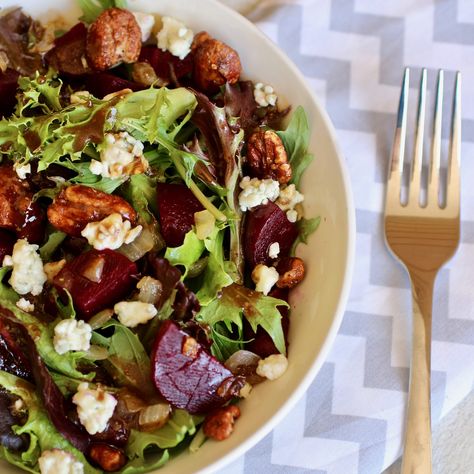 Beet Salad with Pecans and Blue Cheese Beet Salad With Blue Cheese, Beet And Blue Cheese Salad, Beet Blue Cheese Salad, Autumn Salads, Microgreen Recipes, Salad With Pecans, Rib Dinner, Prime Rib Dinner, Blue Cheese Recipes