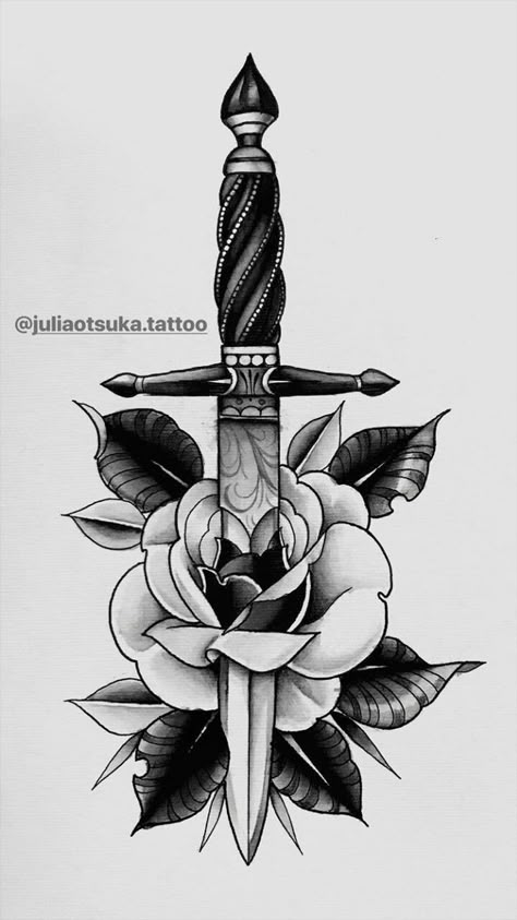 Dagger And Rose Tattoo, Old School Rose, Rose And Dagger, Drawing Rose, Knife Tattoo, Kunst Tattoos, Realistic Rose, Tattoo Old School, Dagger Tattoo