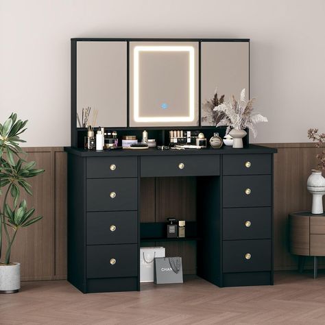 PRICES MAY VARY. Open Mirror & Hidden Storage - The upper part of this makeup vanity features 3 small mirrors. There are storage shelves behind the 2 side mirrors, which provide extra space for nail polish or perfumes. This makeup vanity will offer practical storage and modern experience for makeup. Lighting Options - The middle mirror features 3 lighting modes: warm white, cold white and warm yellow, which exactly meets your lighting needs during makeup. The brightness is also adjustable if you Cushion Stool, Desk Makeup, Lights Makeup, Makeup Lighting, Bulb Lights, Drawers And Shelves, Bedroom Makeup Vanity, Vanity Benches, Makeup Desk