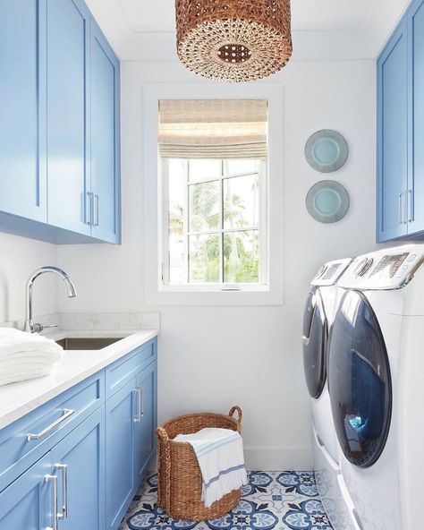 Blue Cabinets in a Coastal Laundry Room with Sky Blue Cabinets via @karahebertinteriors Coastal Laundry Room, Cottage Laundry, Beautiful Tile Floor, Blue Laundry Rooms, Laundry Nook, Style Me Pretty Living, Happy Room, Beachfront Decor, Mud Rooms