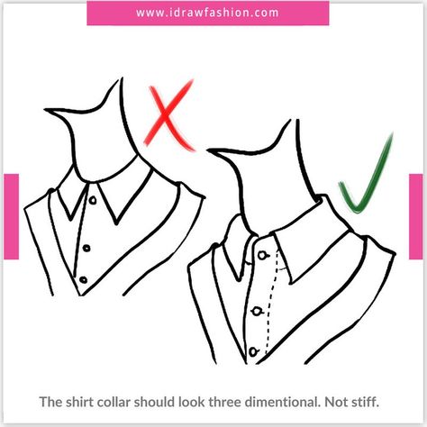 I Draw Fashion on Instagram: “The shirt collar should look three dimentional. Not stiff. . . . . #shirt #collar #dimension #dawclothes #howtodrawclothes  #howtoart…” How To Draw Shirt Collars, Collared Shirt Drawing Reference, How To Draw Shirts, Collar Drawing, Collar Reference, I Draw Fashion, Side View Drawing, Draw Fashion, Fashion Illustrations Techniques