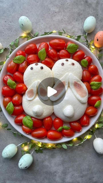 Sine Siemkowicz on Instagram: "Easter Bunnies Burrata Salad 🐰

With burrata, basil and grape tomatoes. 

Comment ‘recipe’ and I’ll send you a link with the instructions. 😀

#beautifulcuisines #salad #burrata #easter #foodartist #eeeeats" Easter Bunny Burrata Salad, Barata Salad, Salad Burrata, Salad With Burrata, Easter Salad, Easter Things, Easter Party Food, Burrata Salad, Easter Appetizers