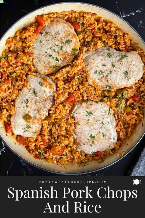 This Spanish Pork Chops and Rice recipe is creamy flavorful Spanish rice with ultra tender juicy pork chops! A one pan meal in about 30 minutes. Mexican Pork Chops And Rice, Spanish Style Pork Chops, Spanish Rice And Pork Chops, Pork Chop Casserole With Rice, Pork Chops And Spanish Rice Recipe, Pork Chop And Rice, Spanish Pork Chops, Mexican Pork Chops, Spanish Pork