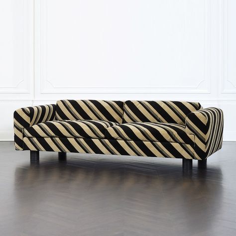 This luxurious low sofa features two down back cushions over two down seat cushions and ebonized ribbed oak legs. Available in a selection of curated fabrics and leathers. Pictured here is the Sereno Stripe Fabric. Paint Coffee Table, Chalk Paint Coffee Table, Striped Sofa, Low Sofa, White Furniture Living Room, Furniture Ads, Home Furniture Ideas, Boho Furniture, Ikea Hackers