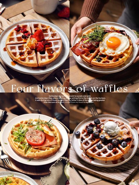 Waffle Plating Ideas, Waffle Photography Food Styling, Waffle Photoshoot, Waffle Plating, Waffles Photography, Waffle Restaurant, Waffle Ideas, Waffle Pops, Waffle Shop