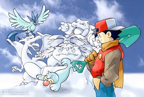 Ken Sugimori Art, Pokemon Art Style, Sugimori Style, Pokémon Artwork, Trainer Red, Snow Festival, Old Pokemon, Pokemon W, Pokemon Adventures Manga