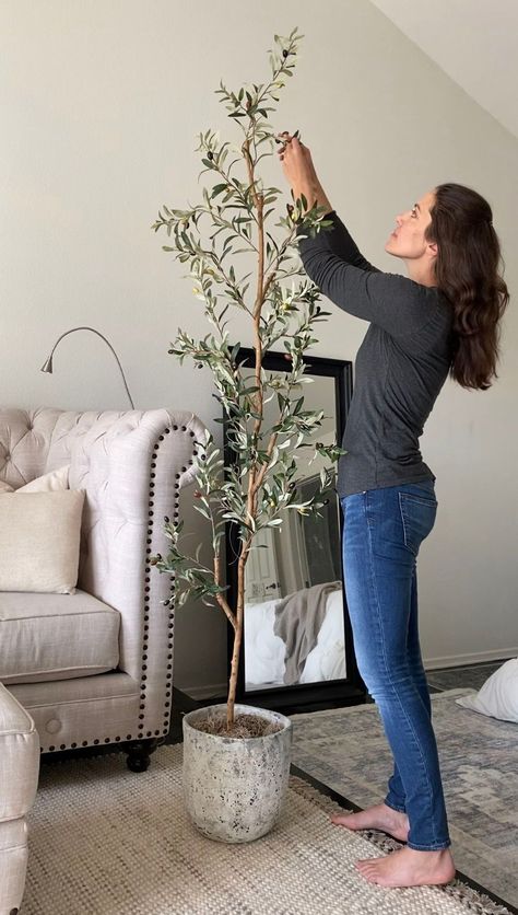 Olive Branch Tree Decor, Faux Olive Trees In Pots, Faux Indoor Olive Tree, How To Make A Faux Olive Tree, Indoor Tree Decor Living Rooms, Olive Tree In Office, Nursery Faux Tree, Faux Tree In Living Room, Diy Faux Indoor Tree