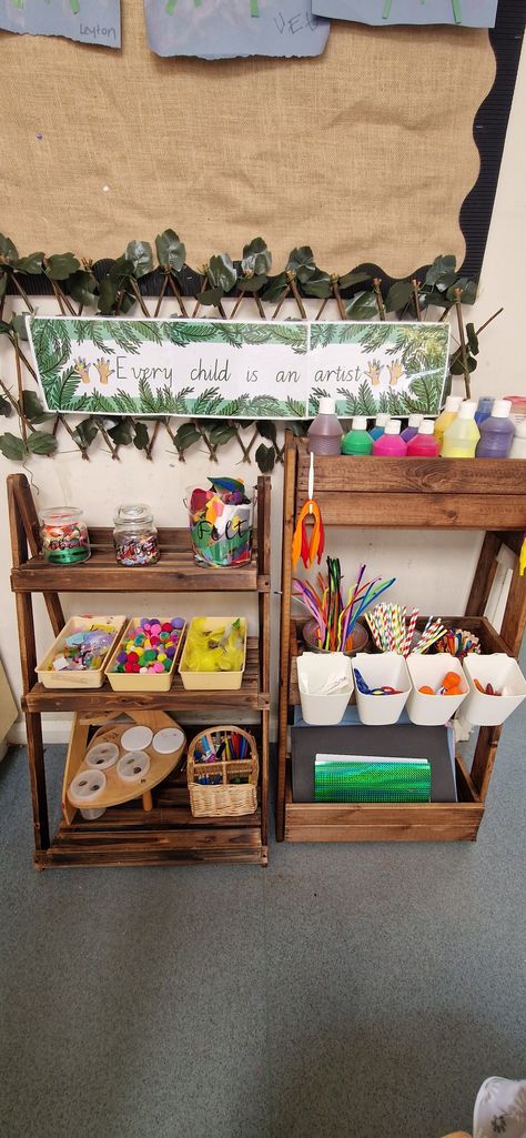 Art And Craft Area Preschool, Small World Area Early Years, Reggio Inspired Daycare, Creative Area Preschool, Curiosity Approach Creative Area, Eyfs Craft Area, Craft Area Eyfs, Curiosity Approach Eyfs Baby Room, Curiosity Approach Eyfs Preschool