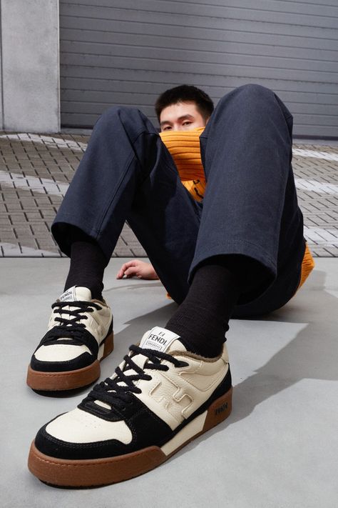 Fendi Match Sneakers, Sneaker Poses, Streetwear Poses, Shoes Photoshoot, College Dress, Fendi Sneakers, Shoes Fashion Photography, Air Shoes, Sas Shoes