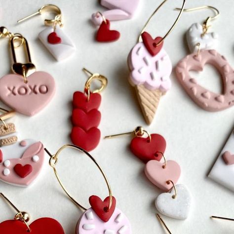 Grace & Moon on Instagram: "So excited to be working on Valentine’s earrings again! ❤️ 😍 Some past favorites are back in the shop now, new designs coming soon! 🥰 . . . . . . . . . . . . . #polymerclayearrings #clayearrings #earringlove #earringsofinstagram #handmadewithlove #polymerclayloves #womanownedsmallbusiness #bohojewelry #smallbusiness #shopsmall #wichitalifeict #handmadeearrings #makersofinstagram #earringsoftheday #shopsmallwichita #mamamaker #handmadejewelry #clayjewelry #iloveearrings #polymerclaycreations #imadethis #jewelryaddict #heartearrings #valentinesday2024 #vday #valentinesearrings #sculpey #instaclay #aapiowned #minimalearrings" Valentines Earrings, Minimal Earrings, Polymer Clay Creations, Craft Sale, Heart Earrings, San Valentino, Boho Earrings, Handmade Earrings, Polymer Clay Earrings