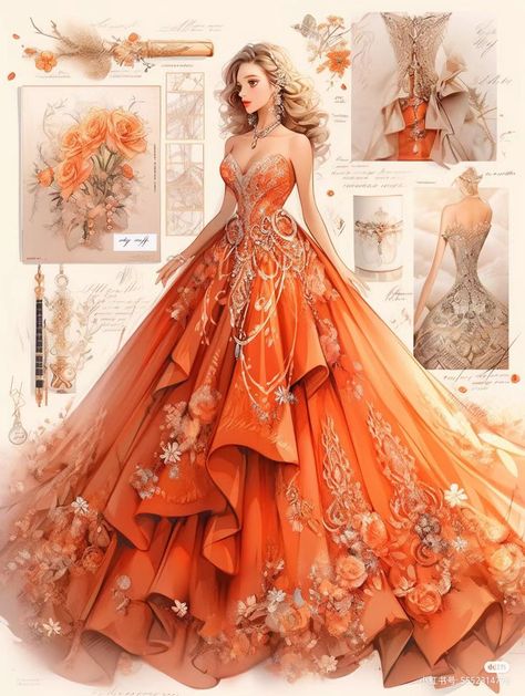 Royal Dress Drawing, Orange Princess Dress, Bookshelf With Doors, Orange Gown, Dreamy Gowns, Pretty Quinceanera Dresses, High Fashion Dresses, Fashion Sketches Dresses, Fashion Drawing Dresses