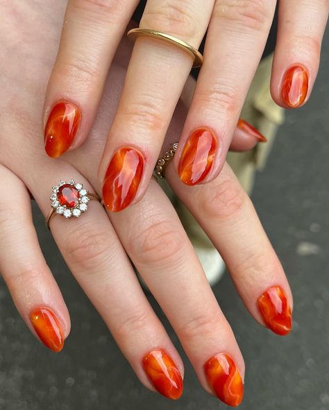 Recreated this Carnelian gem stone set from a while ago and I am truly obsessed 🤩 created using @the_gelbottle_inc Amber & Queen Bee… | Instagram Amber Jelly Nails, Carnelian Nails, Orange Color Nails, Orange Jelly Nails, Retro Nails Vintage, Amber Nails, Red Orange Nails, Stone Nails, Hippie Nails