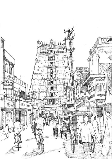 Sri Meenakshi Temple, Madurai by Edgeman13 Meenakshi Temple, Temple Drawing, Art Du Croquis, Perspective Sketch, Perspective Drawing Architecture, Human Figure Sketches, Perspective Drawing Lessons, Temple Art, Perspective Art