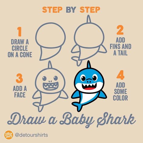 Detour Shirts on Instagram: “Got a new Step by Step drawing for you. How to draw a baby shark. Try it out.” Detour Shirts, Baby Shark Video, Shark Drawing Easy, Shark Video, Cardboard Crafts Decoration, Boys Room Mural, Shark Painting, Best Friend Birthday Cards, Shark Drawing