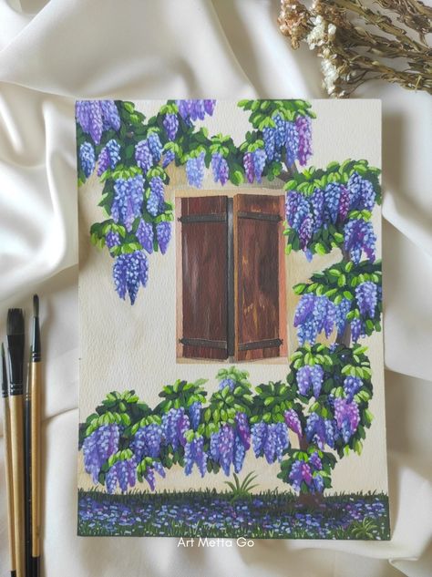 Painting Wisteria Window with Gouache Tutorial Wisteria Window, Painting Wisteria, Gouache Tutorial, Wisteria Flowers, Old Window Frame, Pencil Drawings For Beginners, House Window, Vintage Windows, Gouache Painting