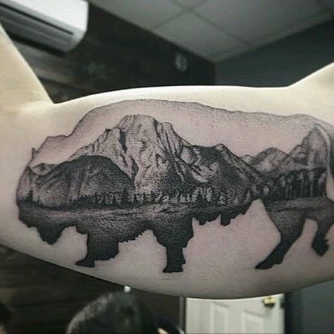 Tattoodo - Find Your Next Tattoo Wyoming Tattoo Ideas, Bison Tattoo Ideas, Buffalo Tattoos, Wyoming Tattoo, Landscape Tattoos, Longhorn Tattoo, Montana Tattoo, Bison Tattoo, Simple Mountain Tattoo