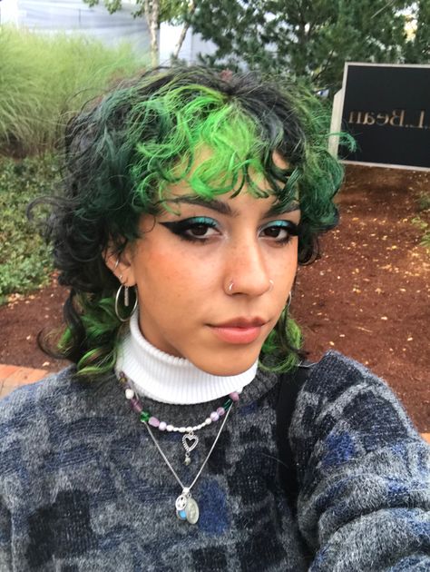 Green Hair Colour Ideas, Dyed Curly Hair Short, Dyed Curly Mullet, Black And Green Hair Short, Split Dyed Hair Green And Brown, Short Curly Hair Color, Multicolor Curly Hair, Short Curly Hair Dyed, Brown Hair With Green Highlights