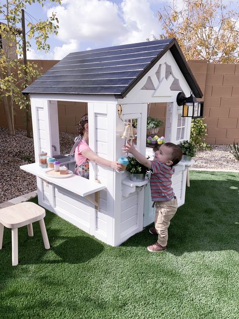 toddlers play house Cubby House Hack, Christmas Playhouse, Playhouse Remodel, Outdoor Kids Playhouse, Cubby House Ideas, Playhouse Accessories, Playhouse Makeover, Toddler Playhouse, Kids Cubby Houses