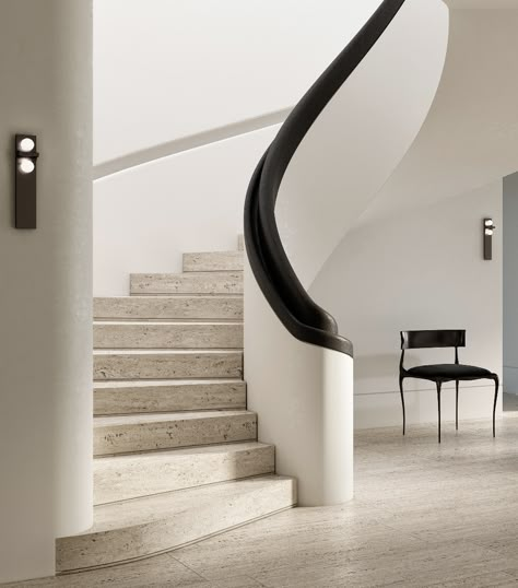 Staircase Handrail, Stair Design, Stairway Design, Stair Handrail, Staircase Railings, Stair Case, Curved Staircase, Modern Staircase, Interior Stairs