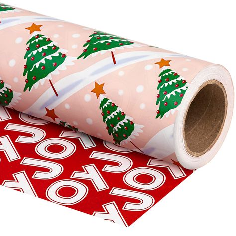 PRICES MAY VARY. PERFECT SIZE: Jumbo roll measures 30 inches wide by 100 feet REVERSIBLE: Festive green christmas tree on pink printed on one side, and white "joy" lettering on red printed on the reverse. Two different designs make unique and varied gift presentations easy PREMIUM QUALITY: Created with high-quality paper materials, thick and not easily tear or rip. Item came with shrink film to prevent wrapping paper from scratches and reduce dust USE ALL WINTER: Perfect for Christmas, Holiday,