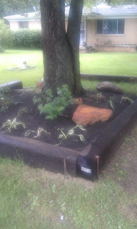 Railroad tie flower bed Railroad Tie Garden Bed, Railroad Tie Flower Bed, Rail Road Ties Landscaping, Railroad Ties Landscaping Flower Beds, Railroad Ties Landscaping, Landscape Boarders, Side Gardens, Tie Projects, Railroad Tie