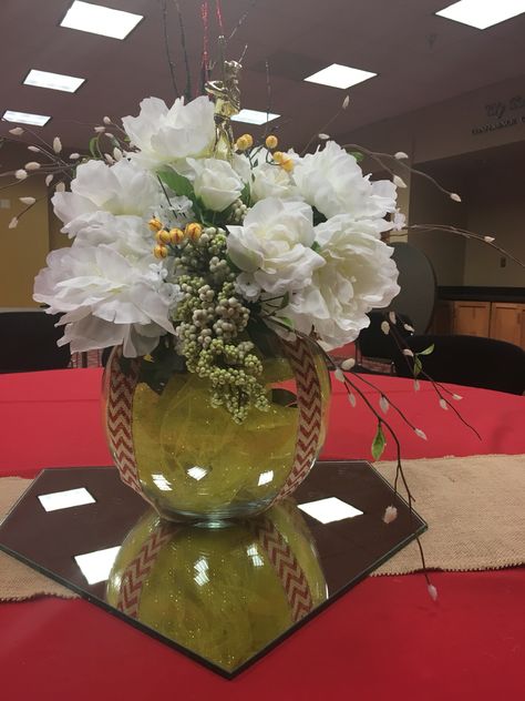 Softball Party Centerpiece, Softball Flower Arrangements, Softball Table Decorations, Softball Table Centerpieces, Softball Centerpieces Banquet, Softball Centerpieces Table Decorations, Baseball Banquet Centerpieces, Softball Banquet Ideas Table Decorations, Softball Banquet Ideas