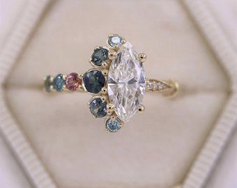 Unique Gemstone Engagement Rings, Ombre Rings, Crescent Ring, Marquise Shape Diamond, Blue Diamonds, Modern Engagement Rings, Engagement Rings Marquise, Unique Engagement Ring, Cluster Engagement Ring