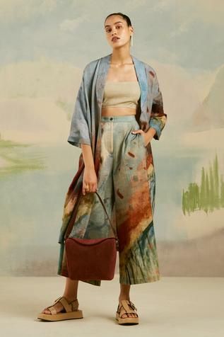 Jacket Collar, Eco Printing, Print Kimonos, Linen Jacket, Flared Pants, Pleated Pants, Pant Set, Pair Of Pants, Pure Linen