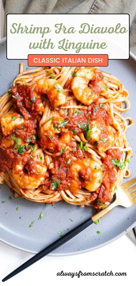 Get ready to savor the flavors of Italy with Shrimp Fra Diavolo with Linguine! This fantastic Shrimp Fra Diavolo recipe brings together juicy shrimp, a spicy tomato sauce, and perfectly cooked linguine for a dish that’s bursting with flavor. A true gem among classic Italian pasta dishes, it's simple enough for a weeknight yet impressive enough for a special occasion. Bring the taste of the coast to your table and enjoy a meal that’s both satisfying and memorable—your taste buds will thank you! Spicy Shrimp Pasta Red Sauce, Tomato Sauce Shrimp Pasta, Spicy Italian Recipes, Shrimp Pasta Red Sauce Recipes, Shrimp Fra Diavolo Recipe Easy, Red Sauce Shrimp Pasta, Shrimp And Red Sauce Pasta, Shrimp And Pasta Recipes Red Sauce, Shrimp With Red Sauce