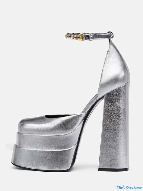 OrcaJump - Premium Silver Platform Pumps for Women with Squared Toe and Chunky Heel, featuring Ankle Strap Wedding Shoes High Heels, Gold Shoe, Wedding Shoes Platform, Silver Platforms, Mary Jane High Heels, Heels Silver, Silver High Heels, Prom 2024, Evening Sandals