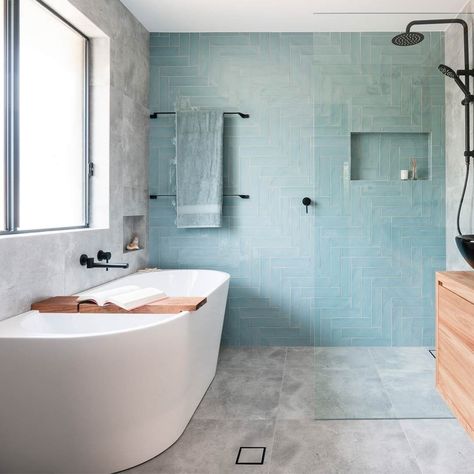 Just in Place on Instagram: “Blue handmade subway tile feature wall 😍How beautifully it works with light greys and light timber?! 🛀 Can anybody recommend relaxing tunes…” Light Blue Subway Tile Bathroom, Tile Feature Wall, Handmade Subway Tile, Tiled Bathrooms, Bathroom Feature Wall, Light Blue Bathroom, Blue Tile Wall, Blue Bathroom Tile, Subway Tiles Bathroom