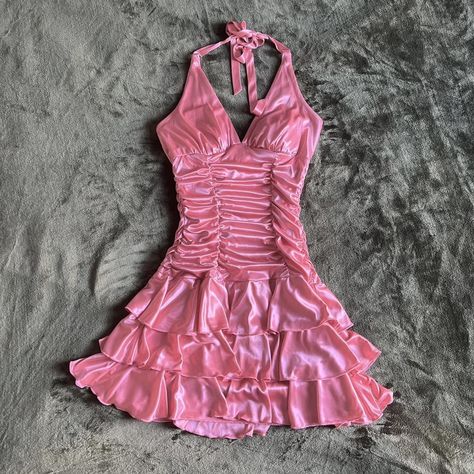 Cybery2k pink ruffle halter dress. Shiny satin... - Depop Party Dress 2000s, Mcbling Prom Dress, Y2k Pink Dress, Y2k Dress Aesthetic, Mcbling Dress, Y2k Formal Dress, Grunge Mcbling, Y2k Party Dress, 2000s Coquette