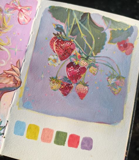 Gouache painting strawberry Art Ideas Cottagecore, Royal Talens Sketchbook, Gouache Painting On Canvas, Jelly Gouache Painting Ideas, Guache Paintings Easy, Gauche Painting Ideas, Acuarela Aesthetic, Gouache Aesthetic, Guache Art Gouache Painting