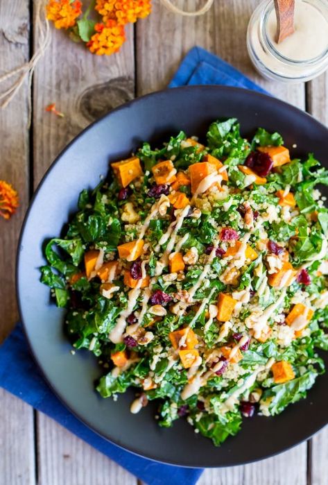 Fall Quinoa Salad with Kale, Sweet Potato & Maple Tahini Dressing - She Likes Food Fall Quinoa Salad, Fall Quinoa, Maple Tahini Dressing, Kale Sweet Potato, Main Dish Salad Recipes, Salad Quinoa, Quinoa Recipes Healthy, Quinoa Kale, Vegan Coleslaw