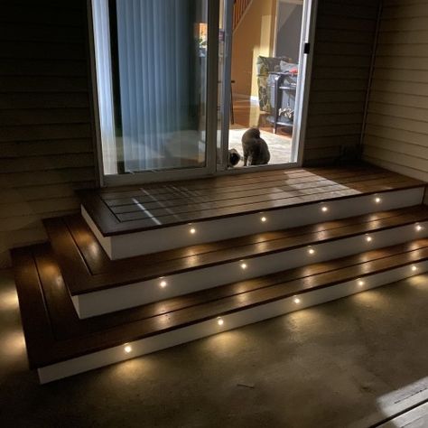 Outdoor stair lighting and exterior staircase lighting can help add security and safety to your family's outdoor living space Railing Lighting, Exterior Steps, Deck Stair Lights, Deck Step Lights, Outdoor Deck Lighting, Led Stair Lights, Patio Stairs, Staircase Outdoor, Outdoor Lighting Design