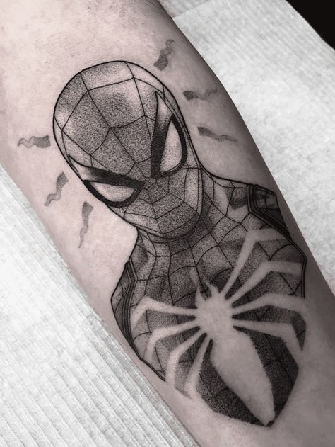 Spider Man Tattoos, Spiderman Tattoo Design, Stippling Tattoo, Deadpool Tattoo, Father Son Tattoo, Spiderman Tattoo, Man Tattoo, Spiderman Theme, Marvel Tattoos