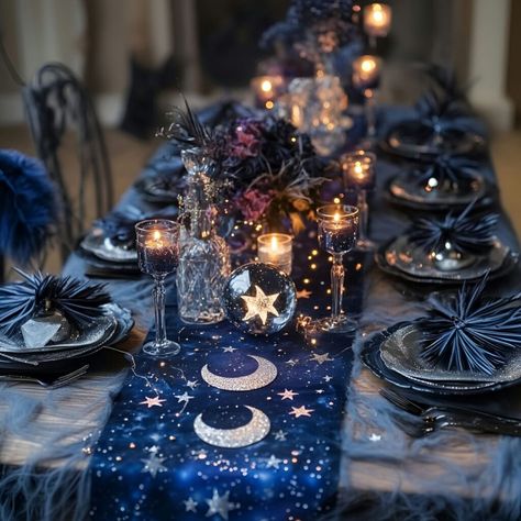 Halloween celestial dining decor made easy with a blue table runner and silver moon accents. Crystal balls, flowers, and LED candles elevate the atmosphere for Halloween. This enchanting setup offers a magical theme that enhances any spooky gathering. Witchy Wedding Table Setting, Celestial Wedding Decoration, Celestial Wedding Table Decor, Celestial Dinner Party, Celestial Table Decor, Celestial Party Theme, Celestial Wedding Centerpieces, Celestial Theme Party, Blue Halloween Decor