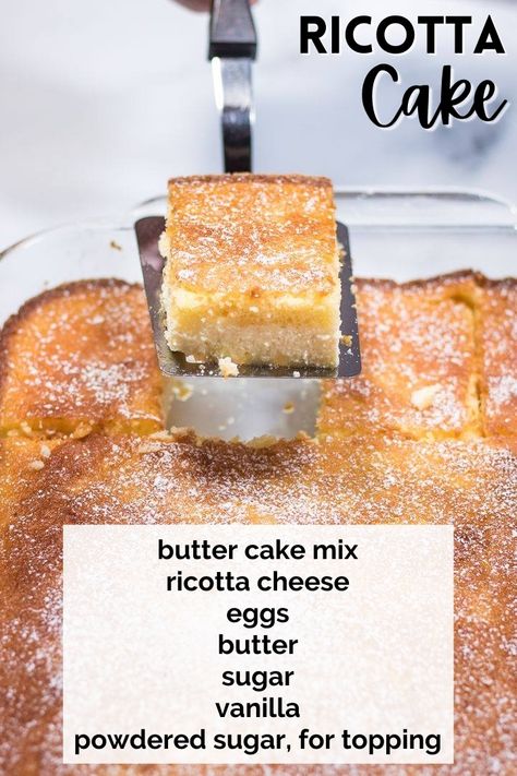 Lemon Ricotta Cake Mix Recipes, Lemon Ricotta Box Cake, Ricotta Cheesecake Bars, Magic Ricotta Cake, Cheesecake Recipes With Ricotta Cheese, Ricotta Self Filling Cake, Easy Ricotta Cake, Ricotta Bundt Cake Recipes, Riccota Cheese Pancakes