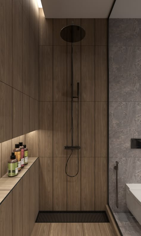 Stone and Wood bathroom. :: Behance Wooden Black Bathroom, Toilet Design Interior, Toilet Wood Design, Walnut Wood Bathroom, Stone Wood Bathroom, Wood Toilet Design, Small Stone Bathroom, Small Bathroom Ideas Wood, Walnut Bathroom Ideas