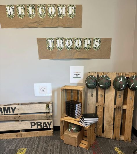 Bible Boot Camp Vbs, Sunday School Themes, Army Boot Camp, Camp Vbs, Camp Decor, Army Base, Giant Games, Ra Ideas, Camping Decor