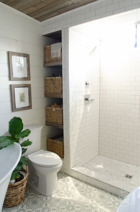 Shelves Next To Toilet, Farmhouse Bathroom Remodel, Bathroom Tips, Small Remodel, Modern Farmhouse Bathroom, Basement Bathroom, Trendy Bathroom, Bathroom Remodel Master, Farmhouse Bathroom