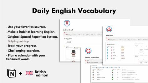 Notion template: Daily English Vocabulary Notion Bullet Journal, Daily English Vocabulary, Bullet Journal Templates, Best Daily Planner, Artsy Crafts, Spaced Repetition, Daily Planner Printables Free, Daily Planner Hourly, Aesthetic Planner
