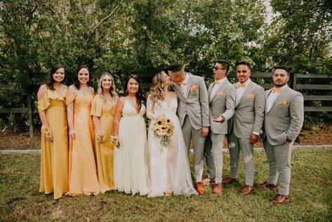 Yellow Wedding Party Attire, Sunshine Yellow Bridesmaid Dresses, Yellow Wedding Theme Groomsmen, Popular Bridesmaid Dresses Colors, Fall Sunflower Wedding Theme Bridesmaid Dresses, Yellow Spring Wedding Theme, Canary Yellow Wedding Color Schemes, Bridesmaid Dresses Sunflower Theme, Yellow And Tan Wedding