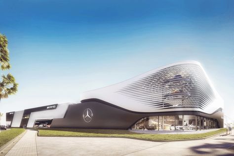 Mercedes Showroom, Car Showroom Architecture, Triangle Building, Dubai Design District, Car Showroom Design, Mall Facade, Water Architecture, Dubai Design, Architecture Company