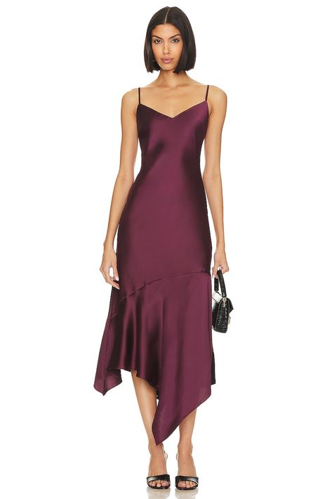 Dark Purple Dresses, Green Slip Dress, Bm Dresses, Burgundy Midi Dress, Wine Dress, Confident Women, Mauve Dress, Handkerchief Hem, Confident Woman