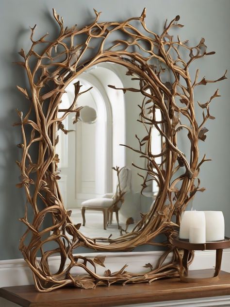 Immerse your home in ‘Sylvan Serenity’ with tree branch mirror art. Let the serene beauty of nature’s branches enhance your home decor. 🌳🪞✨ #TreeBranchMirrorArt #SylvanSerenityDecor #HomeDecorNaturalBeauty #PinterestSylvanSpaces Module Sculpture, Tree Branch Frame, Tree Mirror, Spiegel Diy, Fantasy Tree, Mirror Frame Diy, Christmas Menu, Creative Furniture, Diy Mirror