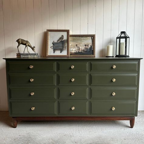 (6) Facebook Dark Green Dresser Bedroom, Flipped Dressers, Diy Wood Dresser, Green Dresser Bedroom, Repainted Dresser Ideas, Painted Mid Century Dresser, Eggplant Bedroom, Dresser Painting Ideas Creative, Redone Dressers