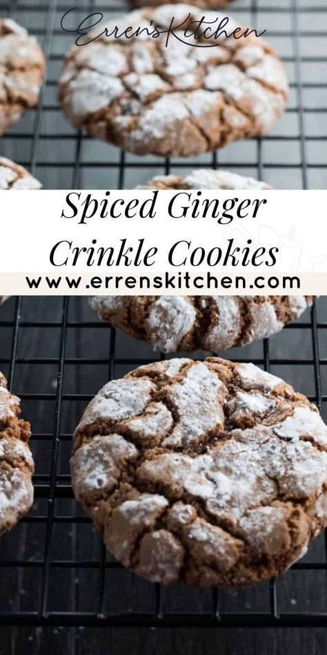 This recipe for Spiced Ginger Crinkle Cookies are ideal for holiday baking. These gingerbread flavored cookies are chewy and delicious! Gingerbread Kringle Cookies, Gingerbread Crinkle Cookies Recipe, Irish Ginger Cookies, Ginger Christmas Cookies, Ginger Crinkle Cookies, Christmas Ginger Cookies, Gingerbread Crinkle Cookies, Cookbook Inspiration, Ginger Spice Cookies