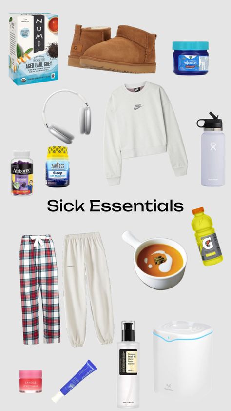 Sickness essentials #sickday #healthy #soup #comfy #hydrated Sick Day Outfit, Sick Day Essentials, Wallet Inspiration, Lilly Pulitzer Outfits, Niche Aesthetic, Room Checklist, Morning Routine School, Nurse Aesthetic, Sick Remedies